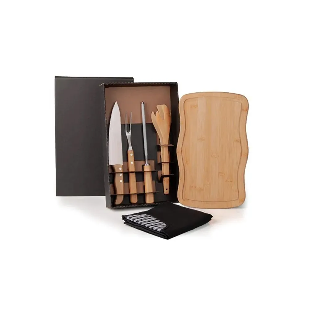 KIT PARA CHURRASCO EM BAMBU / MADEIRA / INOX COM AVENTAL - 6 PÇS BAMBU-ME-32813-BAMBU