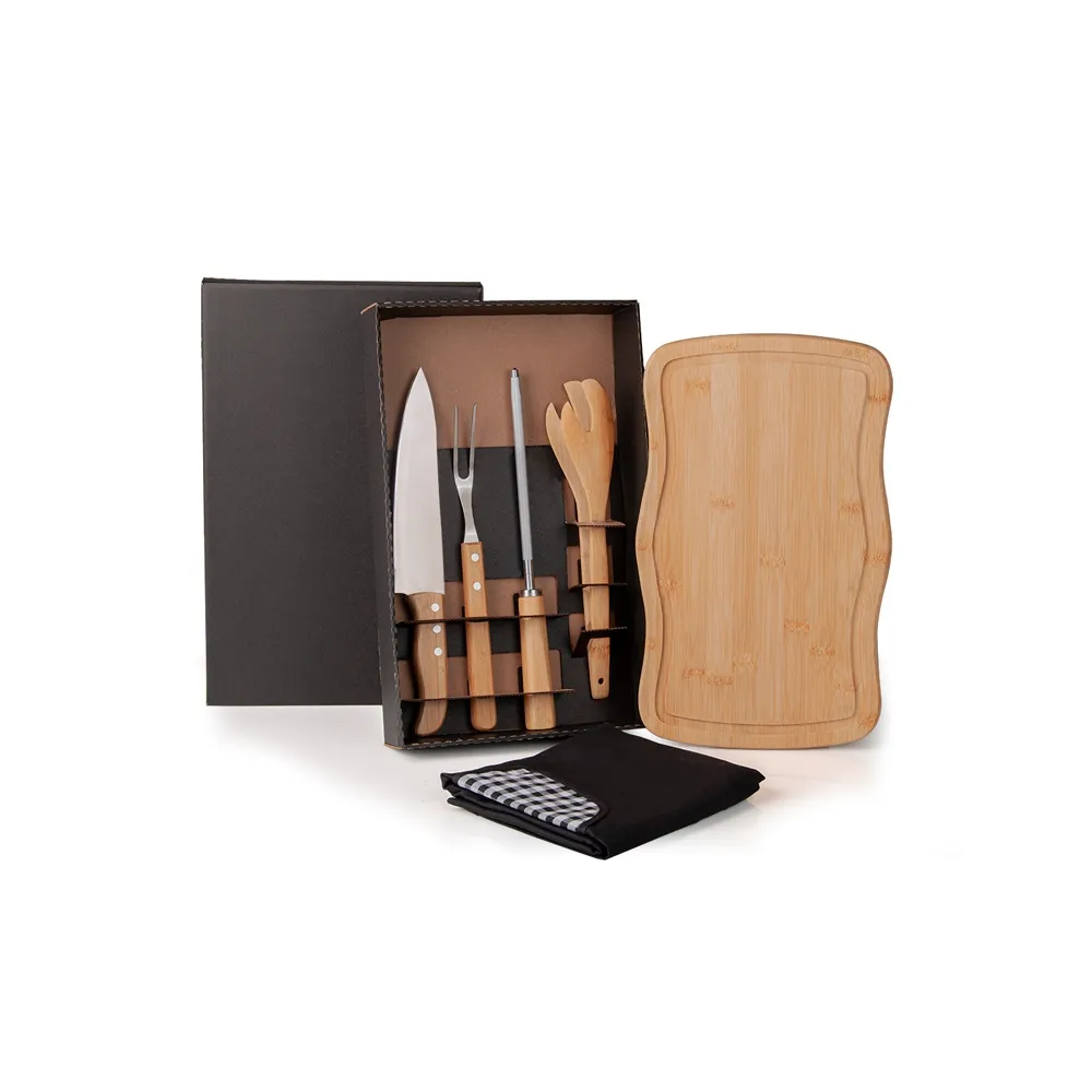 KIT PARA CHURRASCO EM BAMBU / MADEIRA / INOX COM AVENTAL - 6 PÇS BAMBU-ME-32813-BAMBU