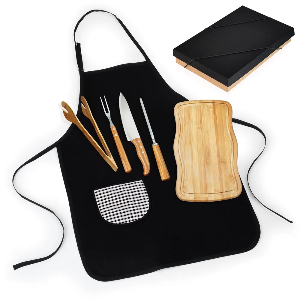 KIT PARA CHURRASCO EM BAMBU / MADEIRA / INOX COM AVENTAL - 6 PÇS BAMBU
