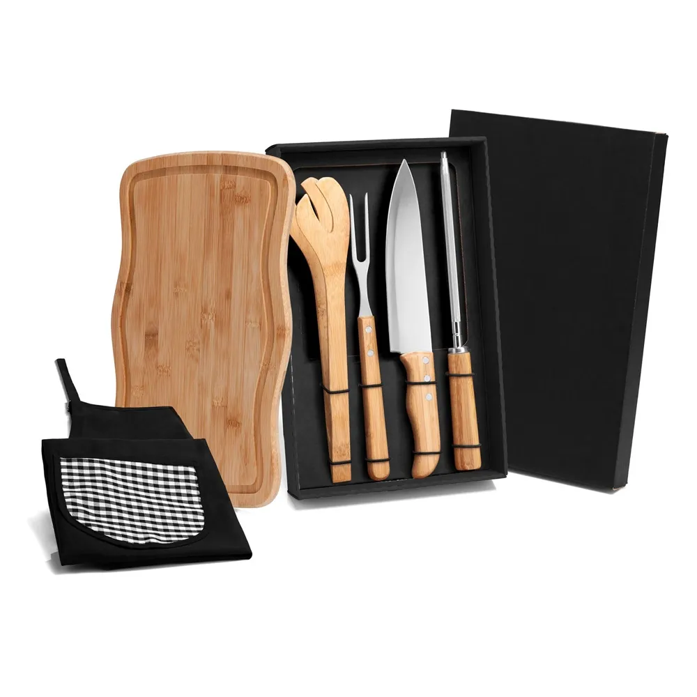 KIT PARA CHURRASCO EM BAMBU / MADEIRA / INOX COM AVENTAL - 6 PÇS BAMBU