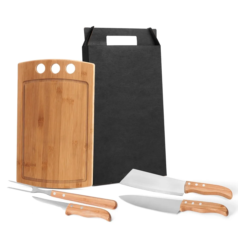 KIT PARA CHURRASCO OU COZINHA EM BAMBU / INOX – 5 PÇS