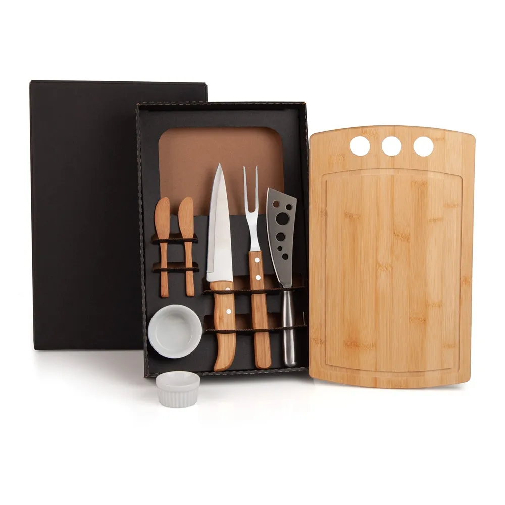 CONJ. PARA CHURRASCO E PETISCO EM BAMBU / MADEIRA / INOX - 2 EM 1