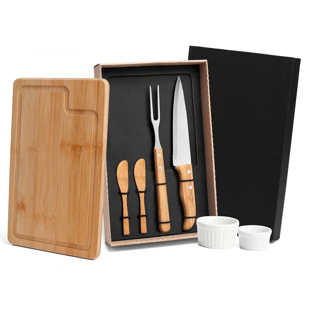 KIT PARA CHURRASCO / PETISCO EM BAMBU / PORCELANA - 7 PÇS