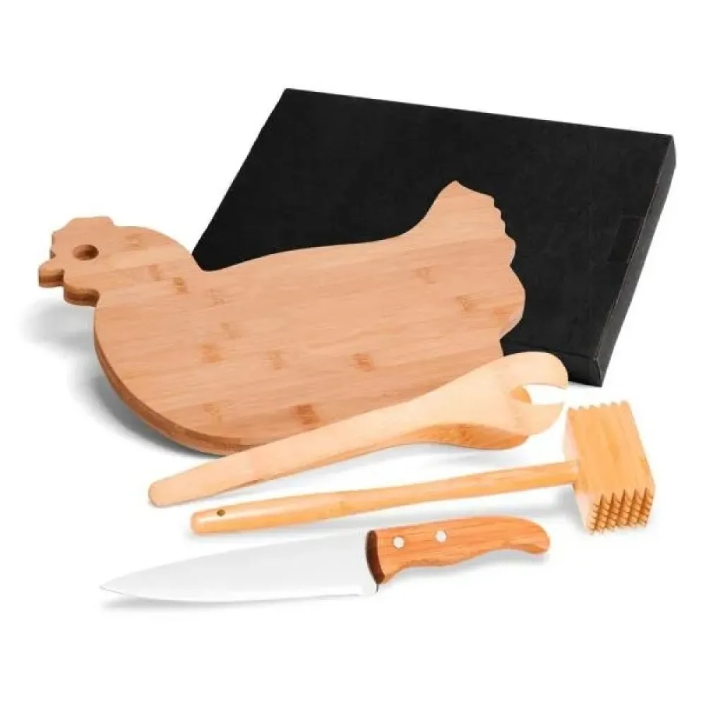 KIT PARA COZINHA EM BAMBU COM TÁBUA FORMATO GALINHA-MB-41303