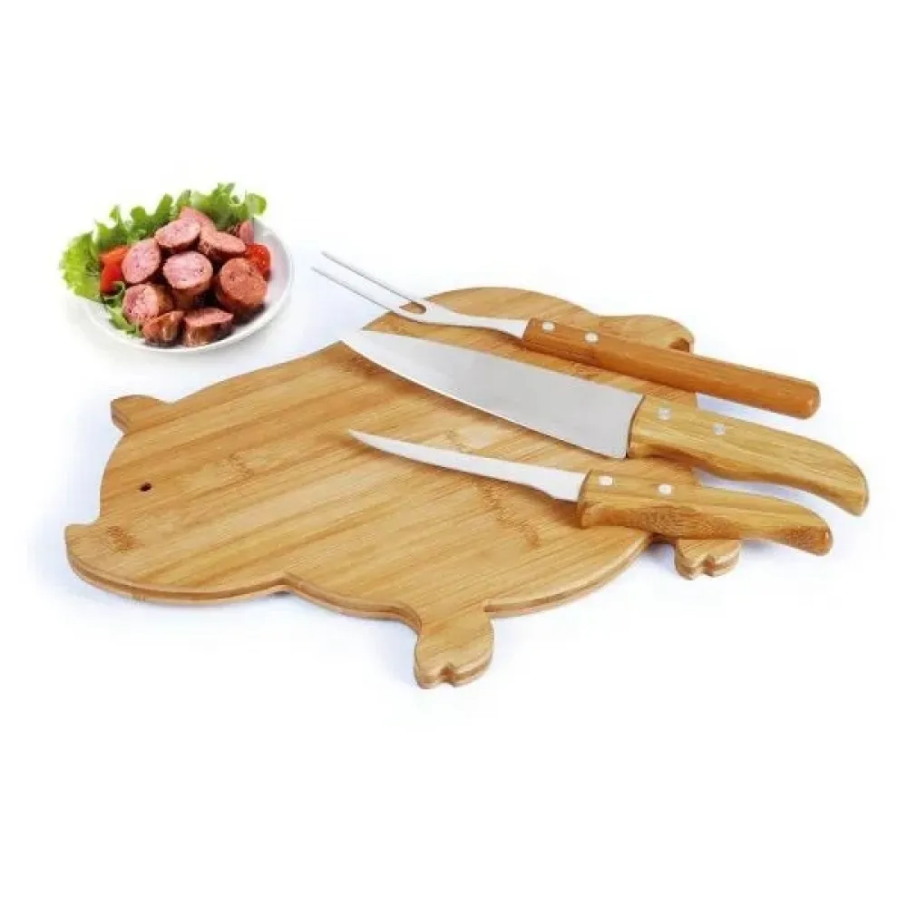 KIT PARA COZINHA EM BAMBU COM TÁBUA PORCO, FACA E GARFO