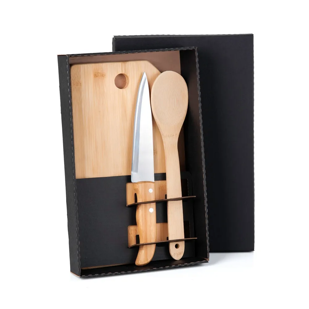 KIT PARA COZINHA EM BAMBU / INOX – 3 PÇS