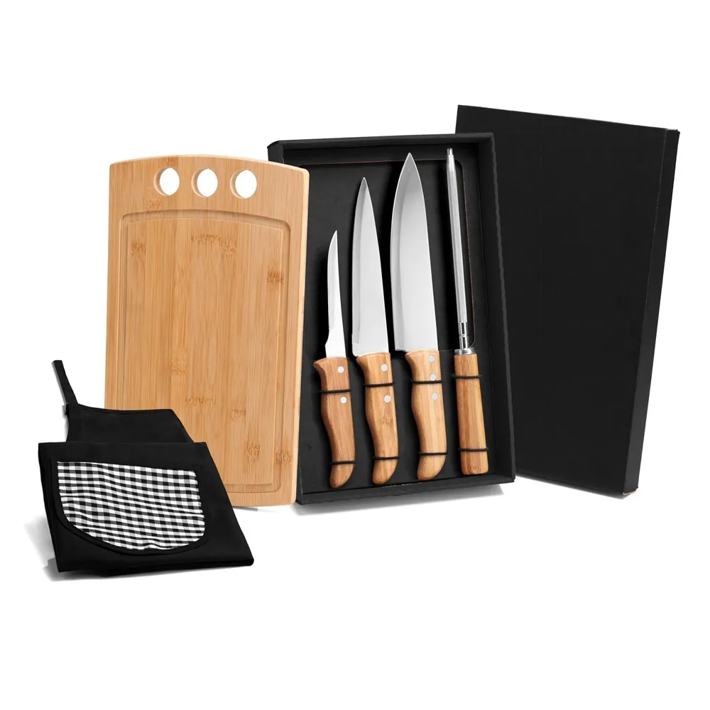 KIT PARA COZINHA EM BAMBU / INOX COM AVENTAL - 6 PÇS