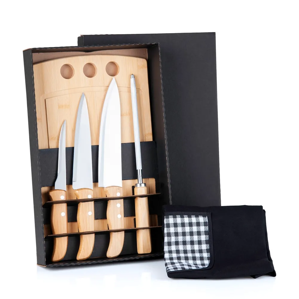 KIT PARA COZINHA EM BAMBU / INOX COM AVENTAL - 6 PÇS