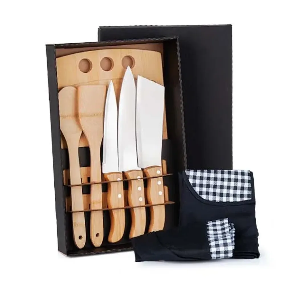 KIT PARA COZINHA EM BAMBU / INOX COM AVENTAL E TOUCA-ME-21863