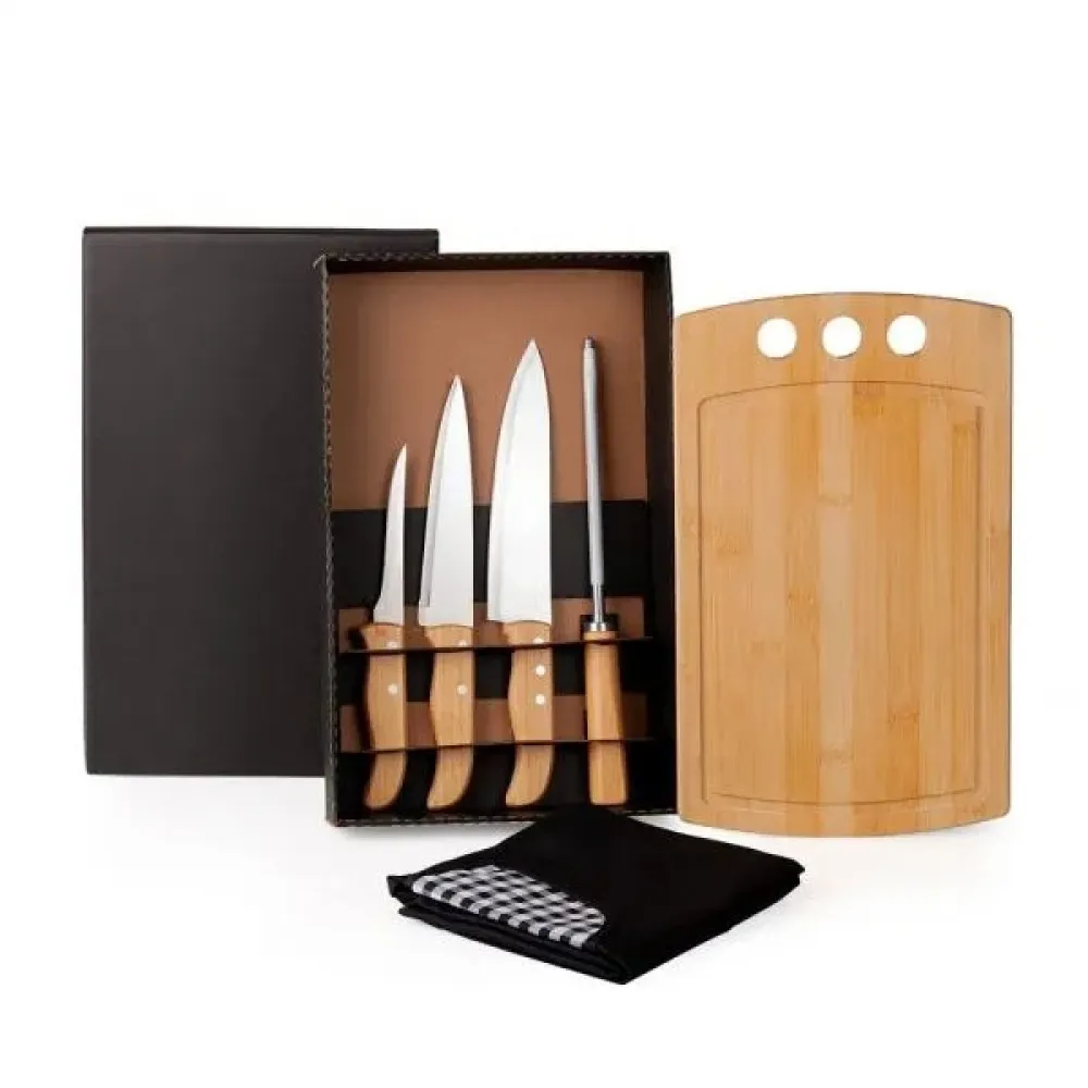 KIT PARA COZINHA EM BAMBU / MADEIRA / INOX COM AVENTAL E TOUCA - 8 PÇS