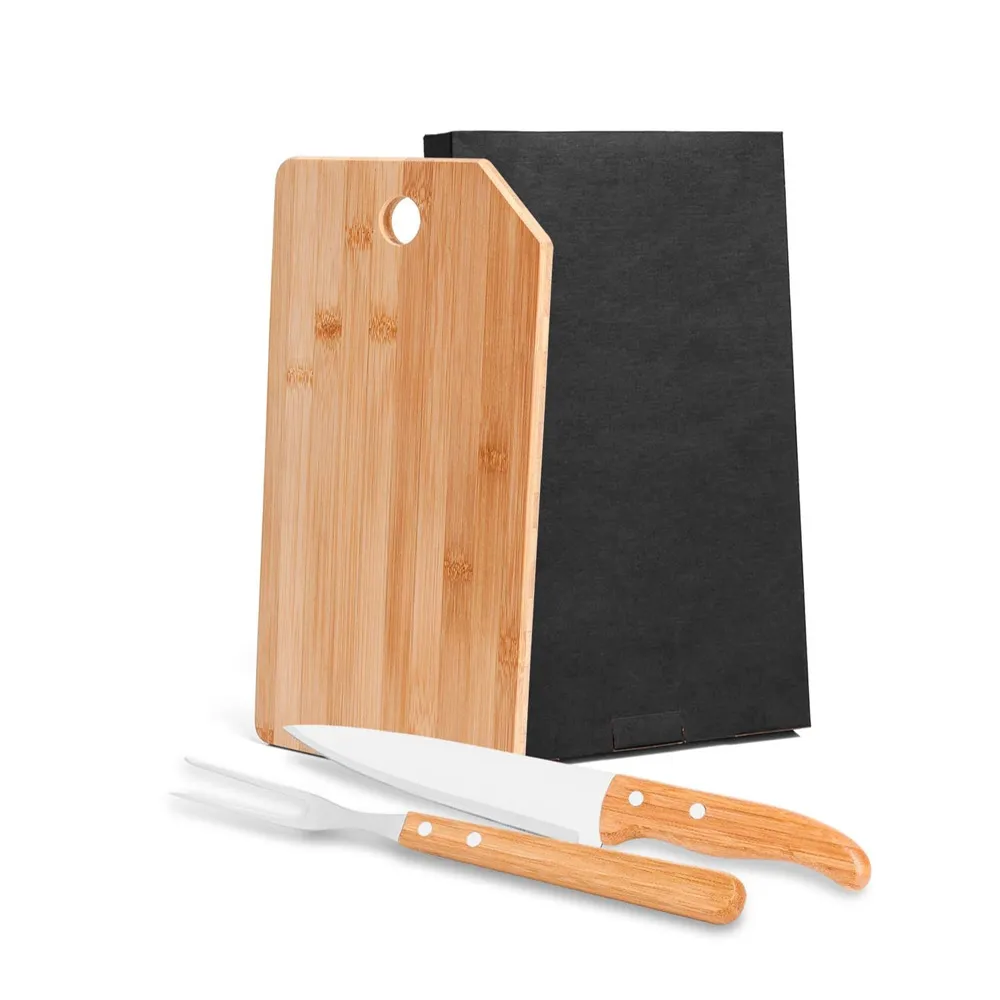 KIT PARA COZINHA EM BAMBU / INOX OREGON COM TÁBUA – 3 PÇS