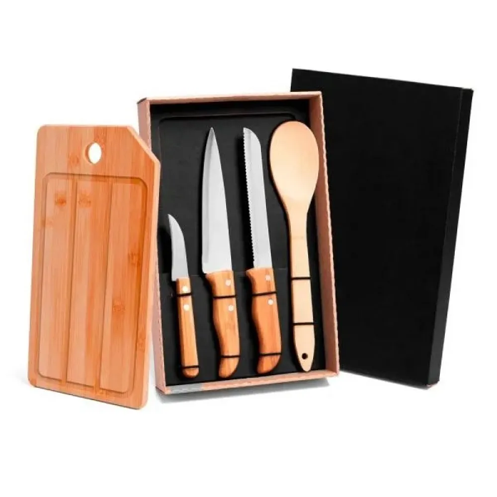 KIT PARA COZINHA/PÃO EM BAMBU/INOX- 5 PÇS