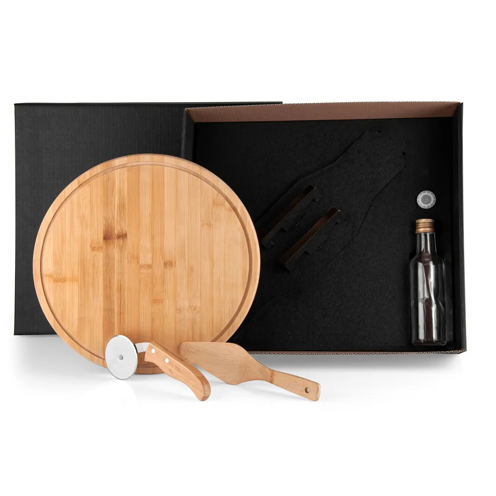 KIT PARA PIZZA COM GARRAFA - BAMBU / INOX / VIDRO - 4 PÇS-003MRPKT-90169