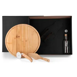 Imagem do produto KIT PARA PIZZA COM GARRAFA – BAMBU / INOX / VIDRO – 4 PÇS