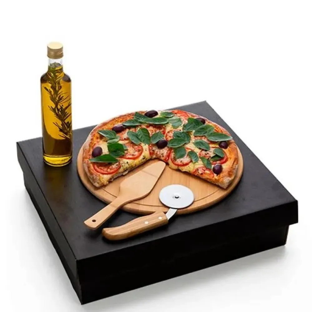 KIT PARA PIZZA COM GARRAFA - BAMBU / INOX / VIDRO - 4 PÇS