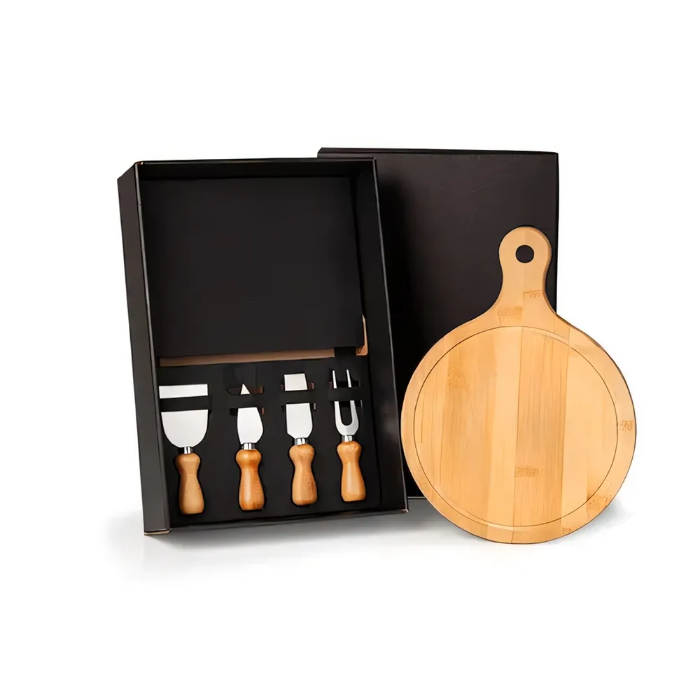 KIT PARA QUEIJO EM BAMBU E INOX COM TÁBUA REDONDA 5 PÇS