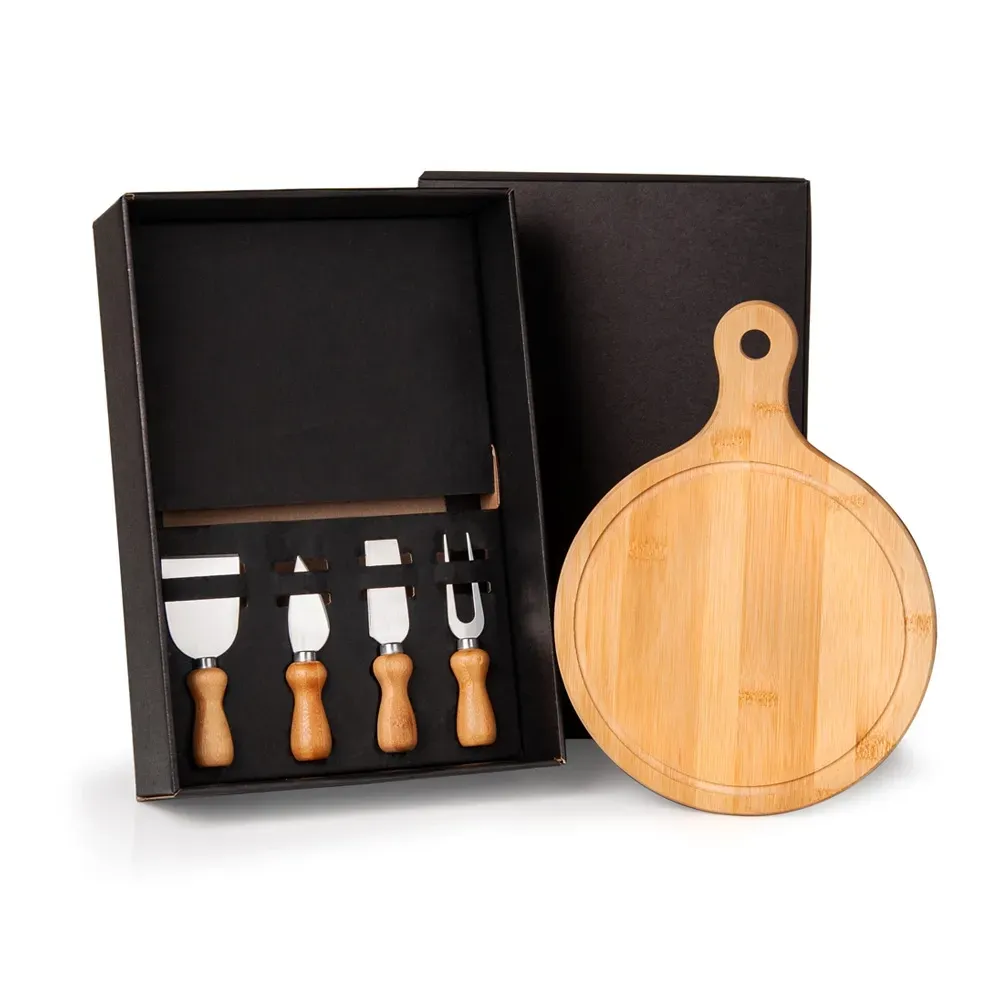 KIT PARA QUEIJO EM BAMBU E INOX COM TÁBUA REDONDA 5 PÇS-KT-90100