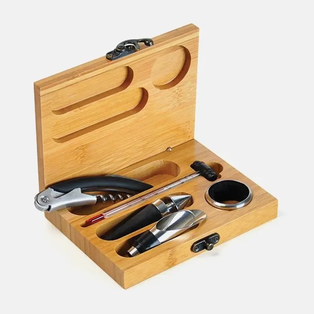 KIT PARA VINHO COM ESTOJO EM BAMBU – 6 PÇS