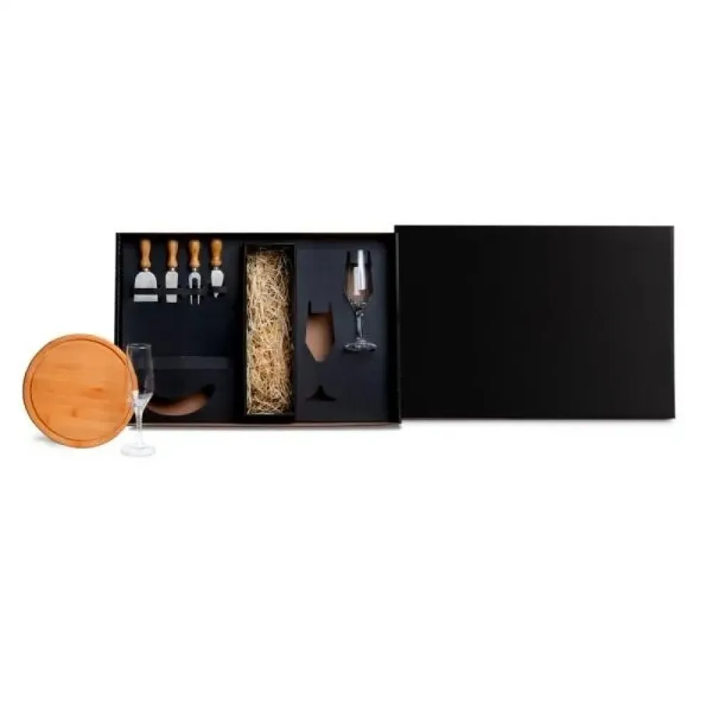 KIT QUEIJO E CHAMPAGNE C/ ESPAÇO P/ GARRAFA - 7 PÇS - NÃO ACOMPANHA GARRAFA-KT-90341