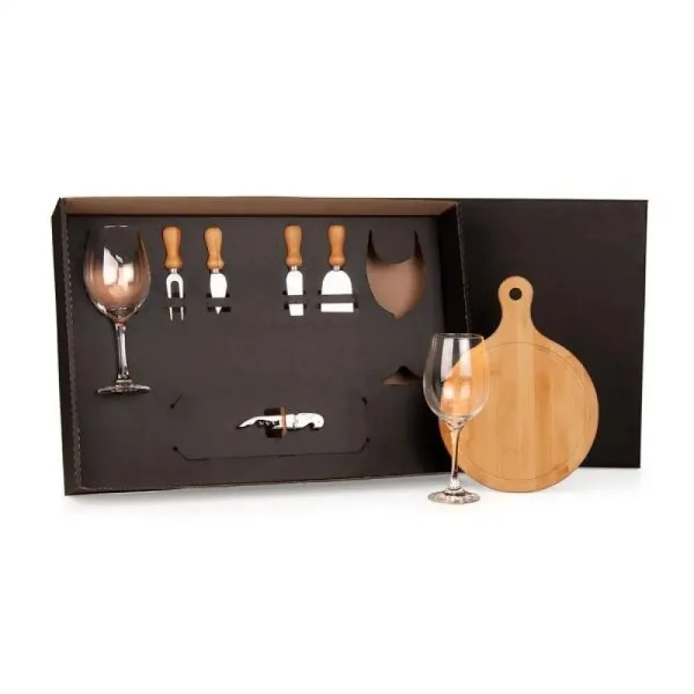 KIT QUEIJO E VINHO COM TÁBUA REDONDA - 8 PÇS-KT-90106