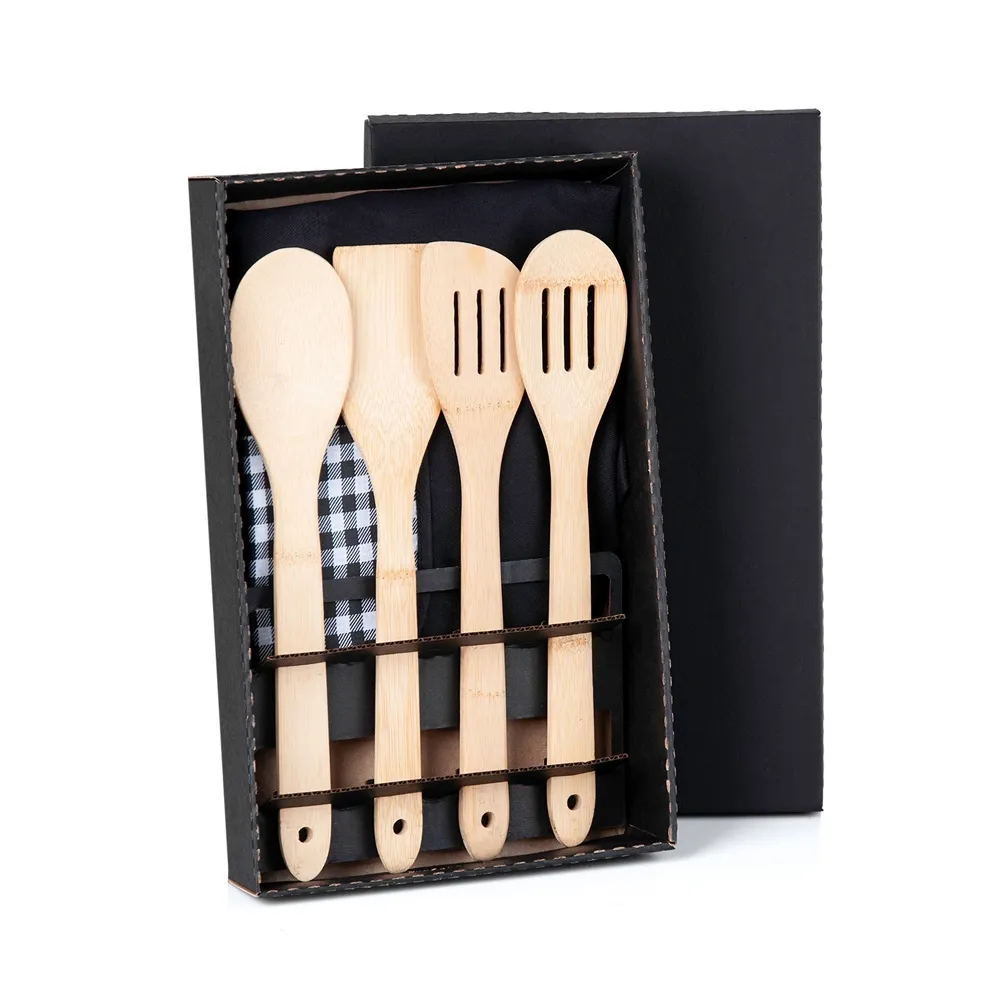 KIT UTENSÍLIOS EM BAMBU 30 CM COM AVENTAL - 5 PÇS