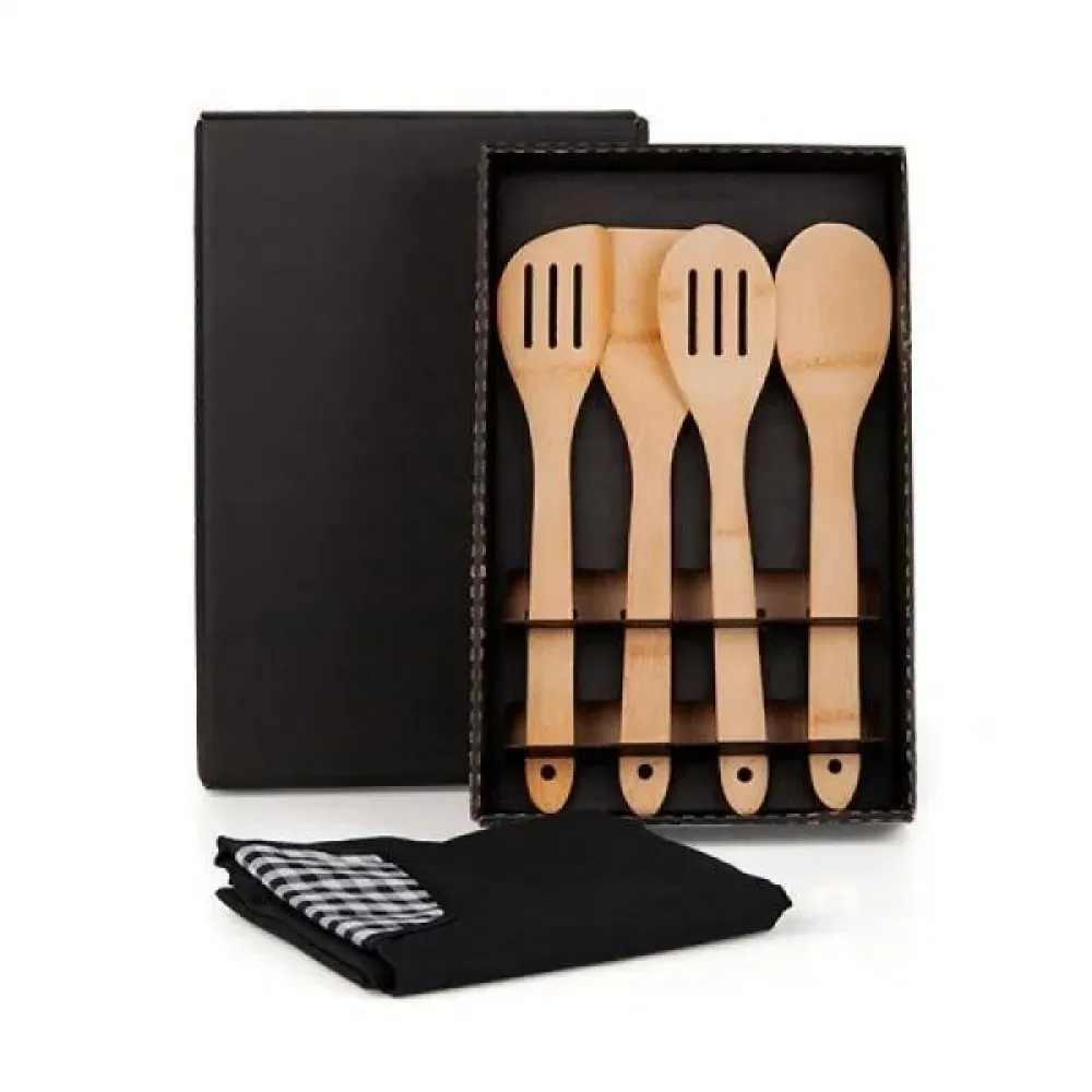 KIT UTENSÍLIOS EM BAMBU 30 CM COM AVENTAL - 5 PÇS-ME-00153