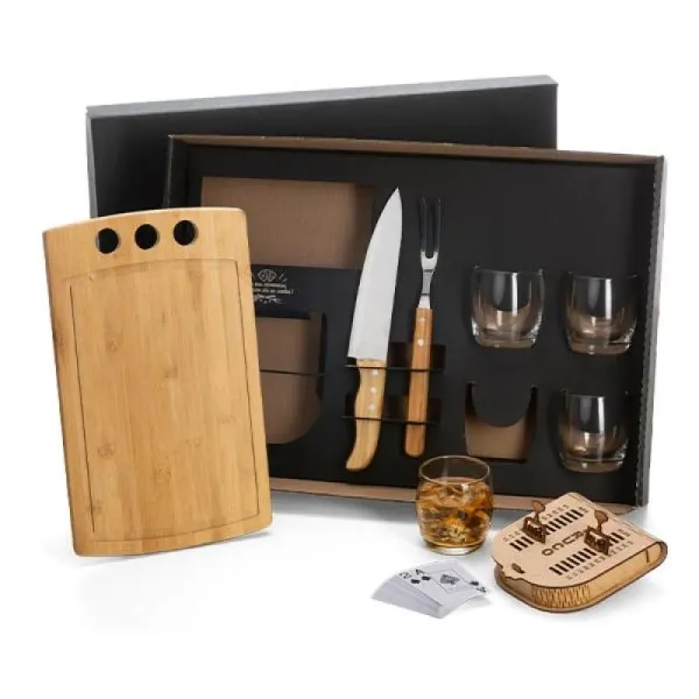 KIT CHURRASCO, WHISKY E TRUCO - 8 PÇS - C/ JOGO DE BARALHO-KT-90076