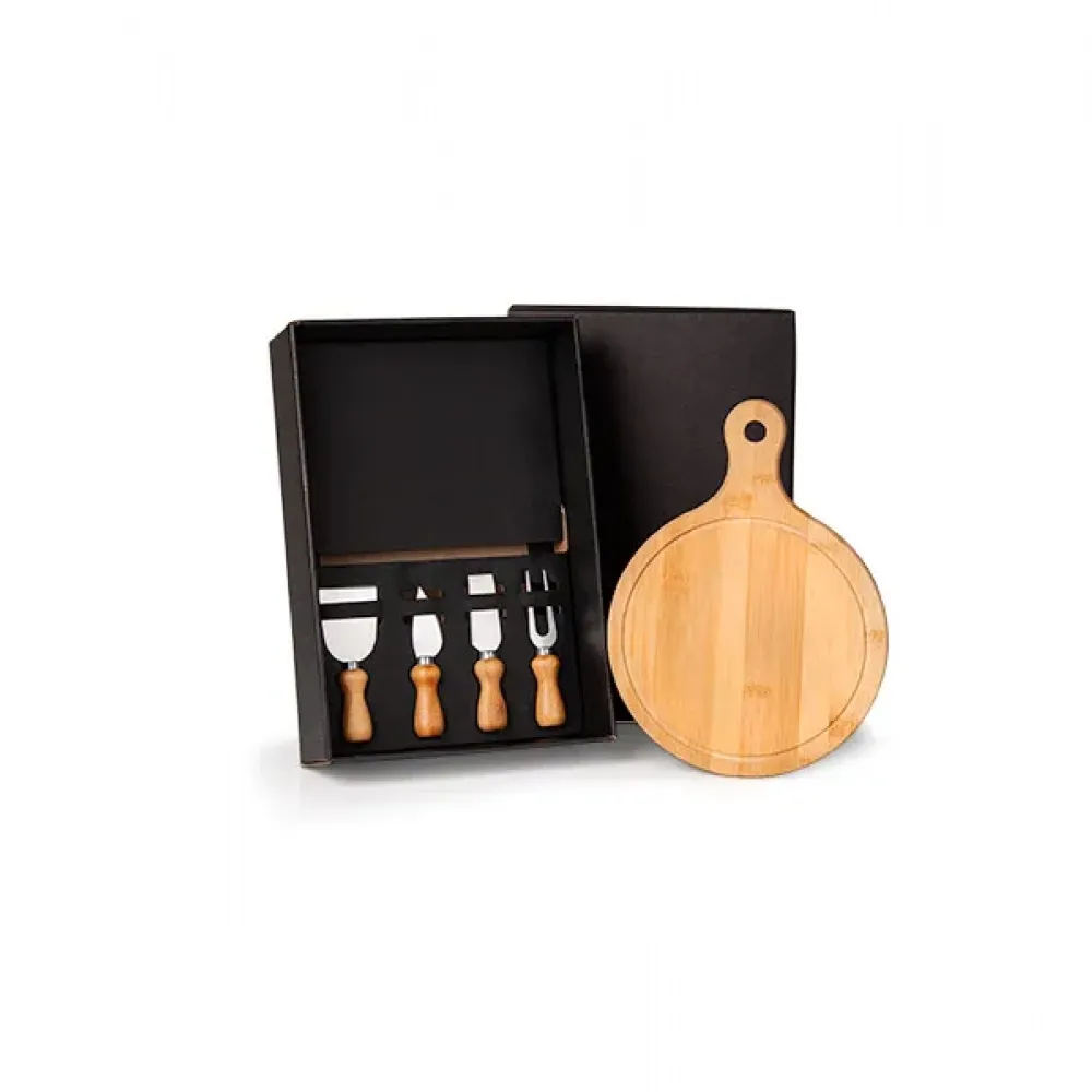 KIT PARA QUEIJO EM BAMBU E INOX COM TÁBUA REDONDA 5 PÇS