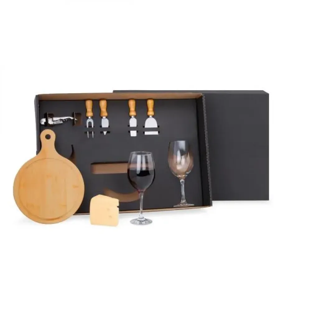 KIT QUEIJO E VINHO COM TÁBUA REDONDA - 8 PÇS-KT-90106