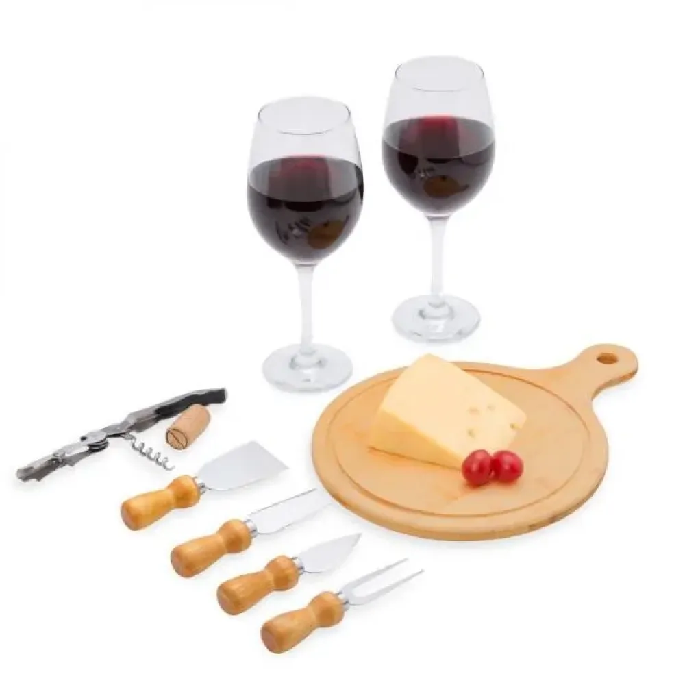 KIT QUEIJO E VINHO COM TÁBUA REDONDA - 8 PÇS