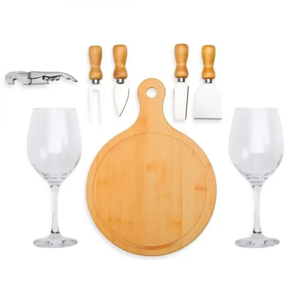KIT QUEIJO E VINHO COM TÁBUA REDONDA - 8 PÇS