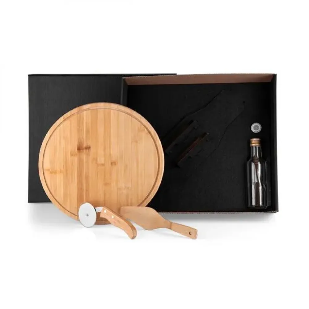 KIT PARA PIZZA COM GARRAFA - BAMBU / INOX / VIDRO - 4 PÇS-KT-90169