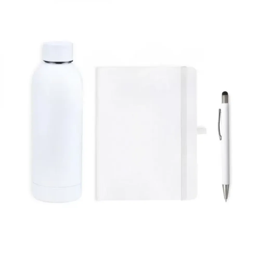 KIT GARRAFA, CADERNO E CANETA - BRANCO - 3 PÇS