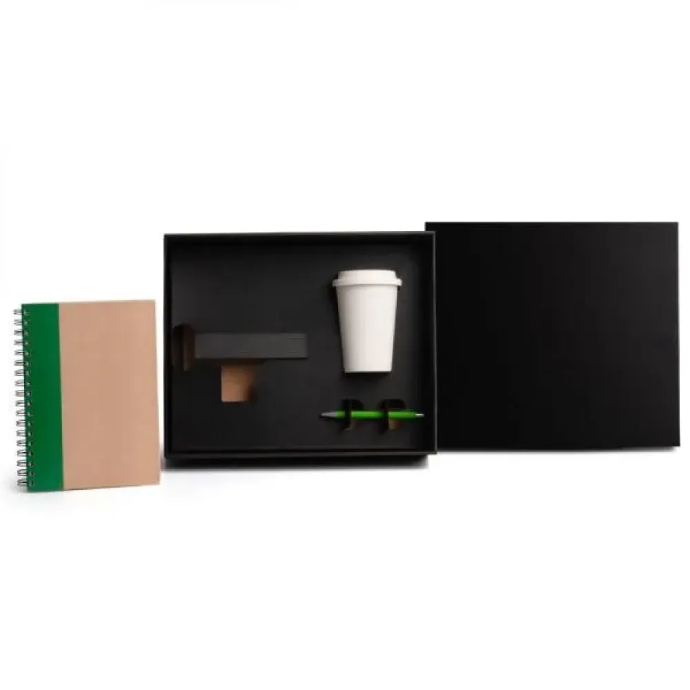 KIT COPO EM FIBRA DE BAMBU, CADERNO E CANETA - VERDE - 3 PÇS-KT-90384