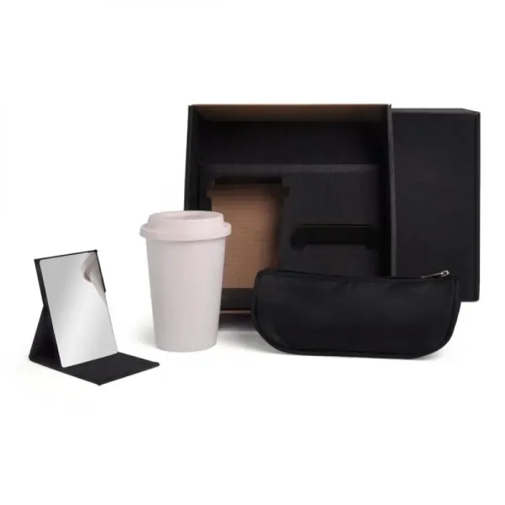 KIT NECESSAIRE, COPO C/ TAMPA E ESPELHO - 3 PÇS