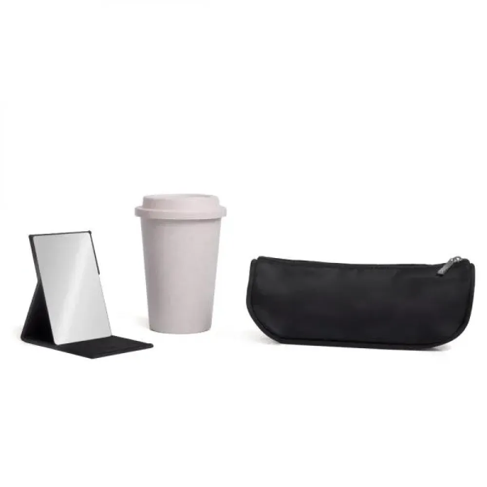 KIT NECESSAIRE, COPO C/ TAMPA E ESPELHO - 3 PÇS