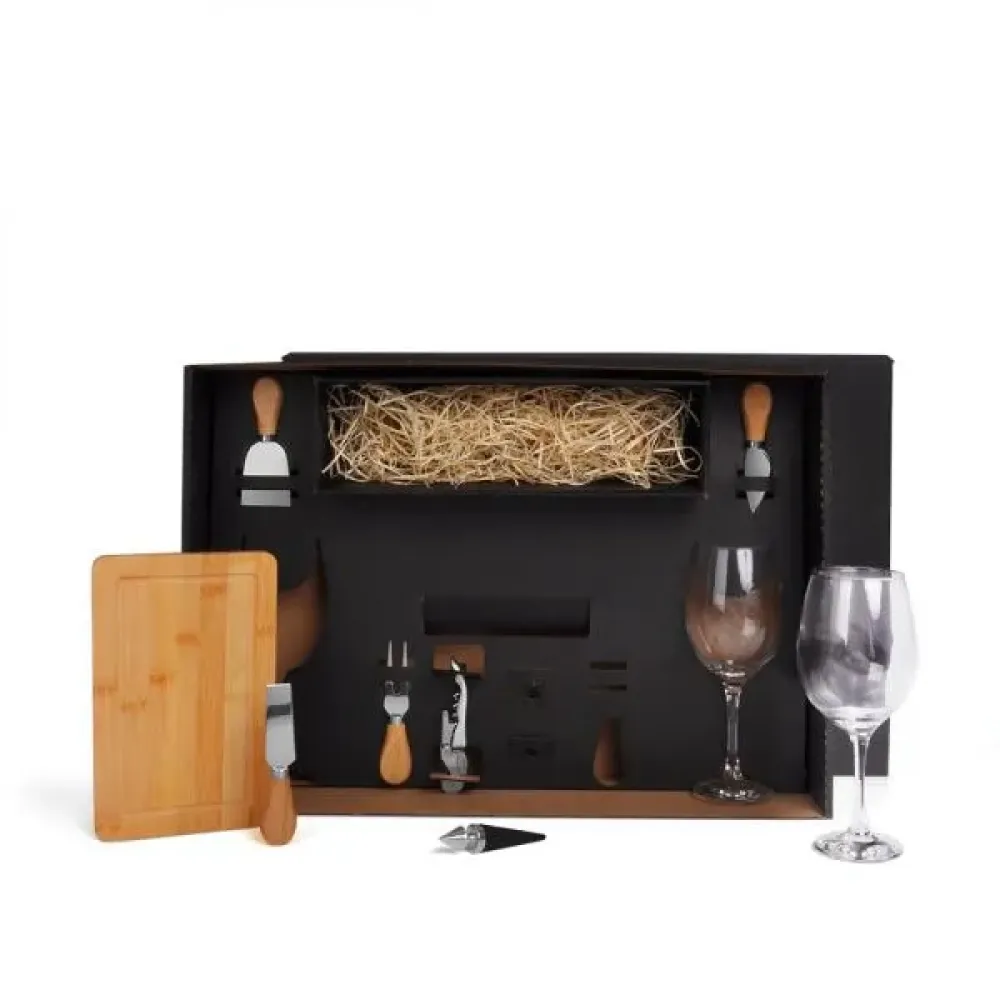 KIT QUEIJO E VINHO COM ESPAÇO PARA GARRAFA - 9 PÇS - NÃO ACOMPANHA GARRAFA