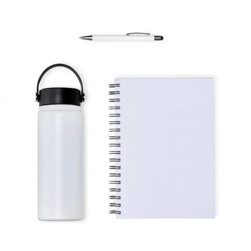 KIT GARRAFA, CADERNO E CANETA - 3 PÇS