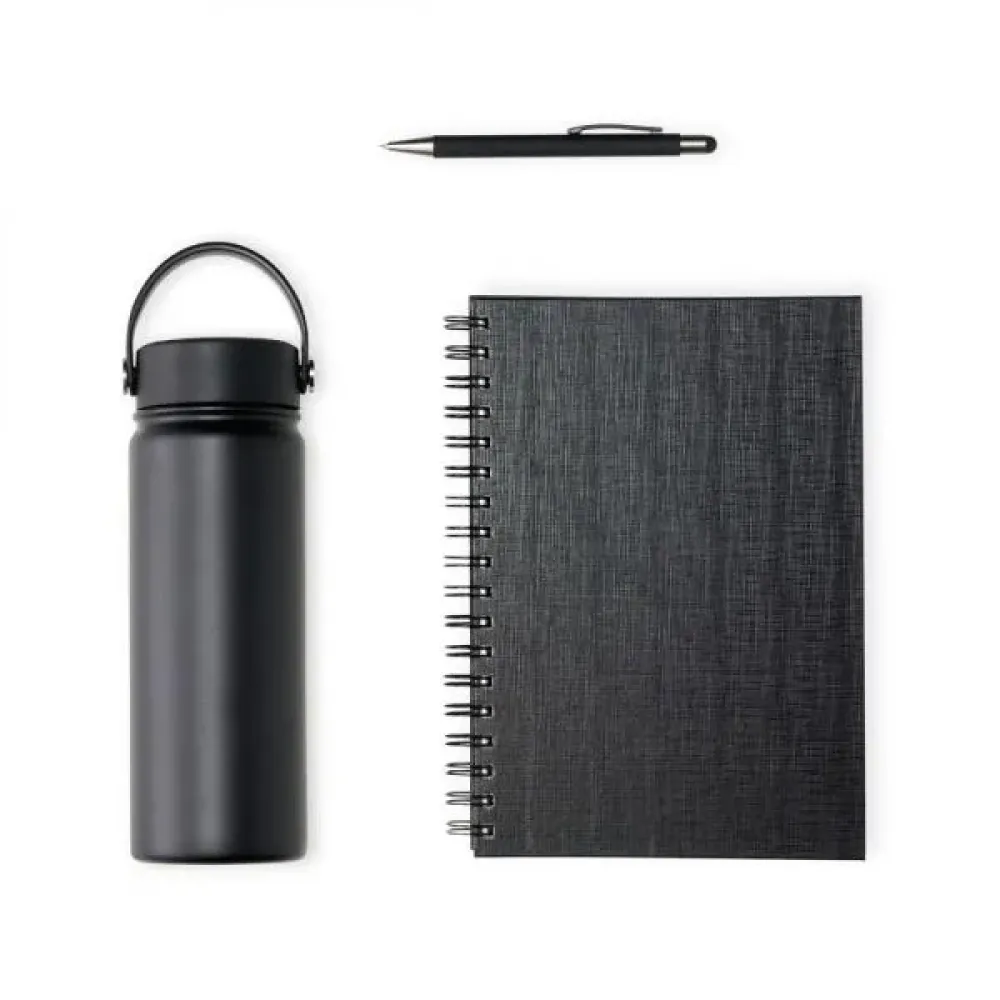 KIT GARRAFA, CADERNO E CANETA - 3 PÇS