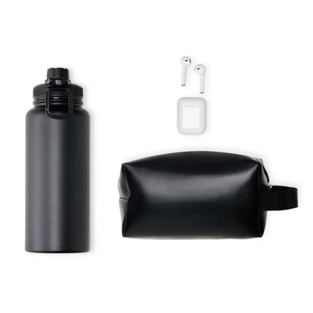 KIT GARRAFA, FONE BLUETOOTH E NECESSAIRE - 3 PÇS