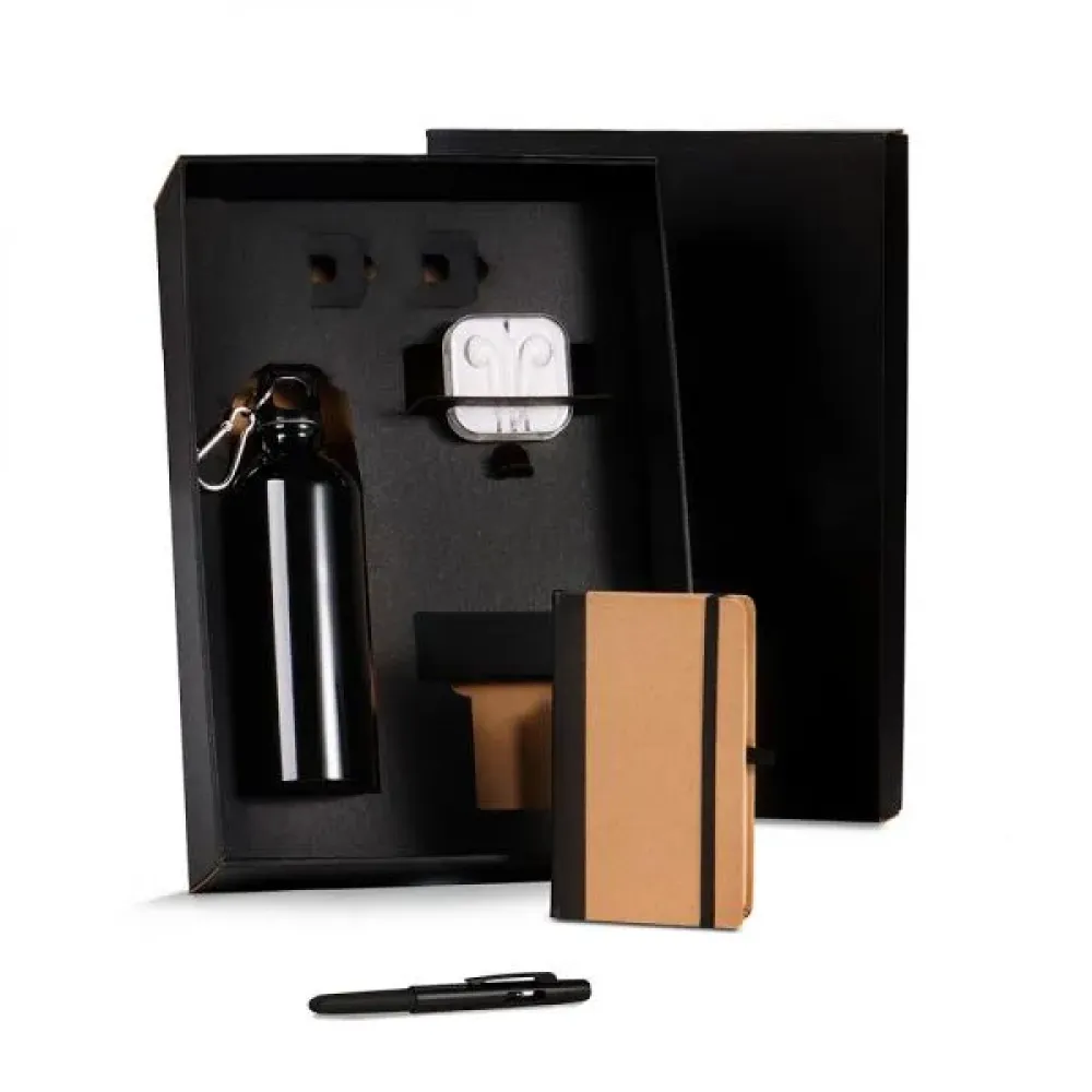 KIT SQUEEZE, FONE, CADERNO E CANETA - PRETO - 4 PÇS