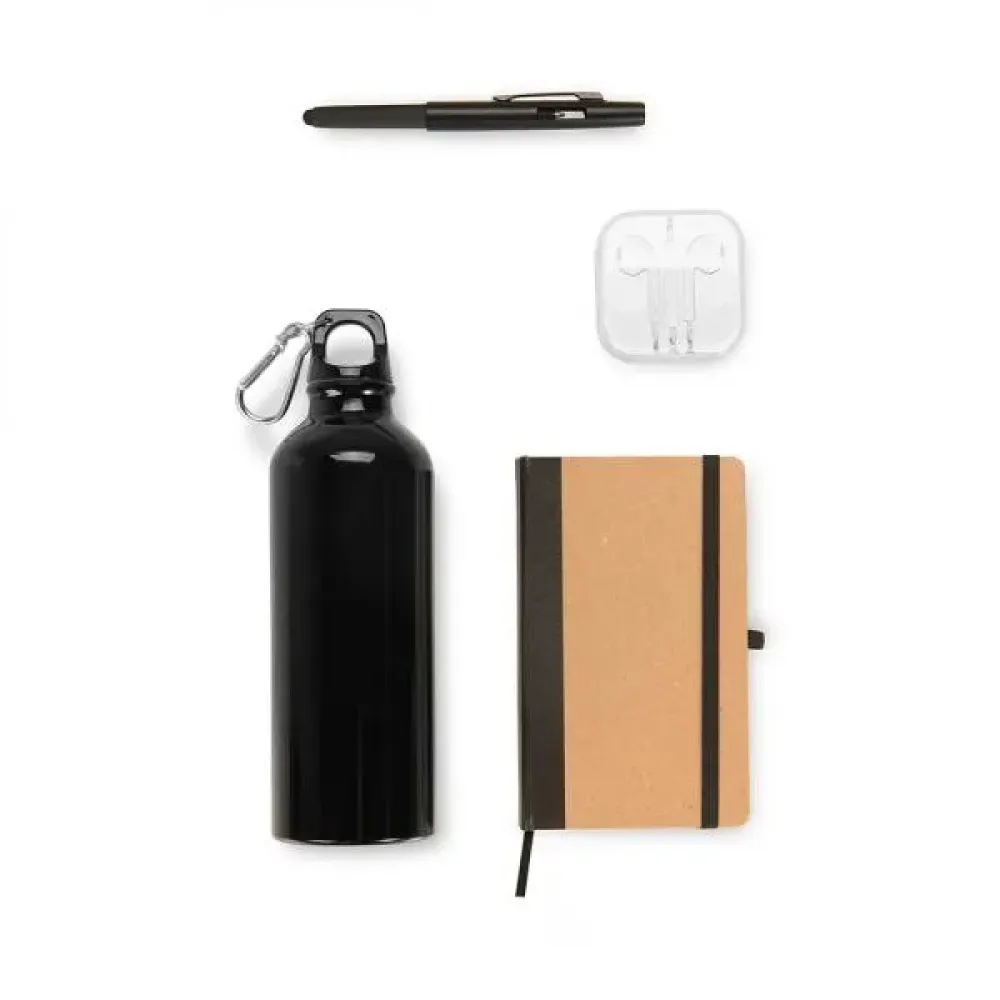 KIT SQUEEZE, FONE, CADERNO E CANETA - PRETO - 4 PÇS