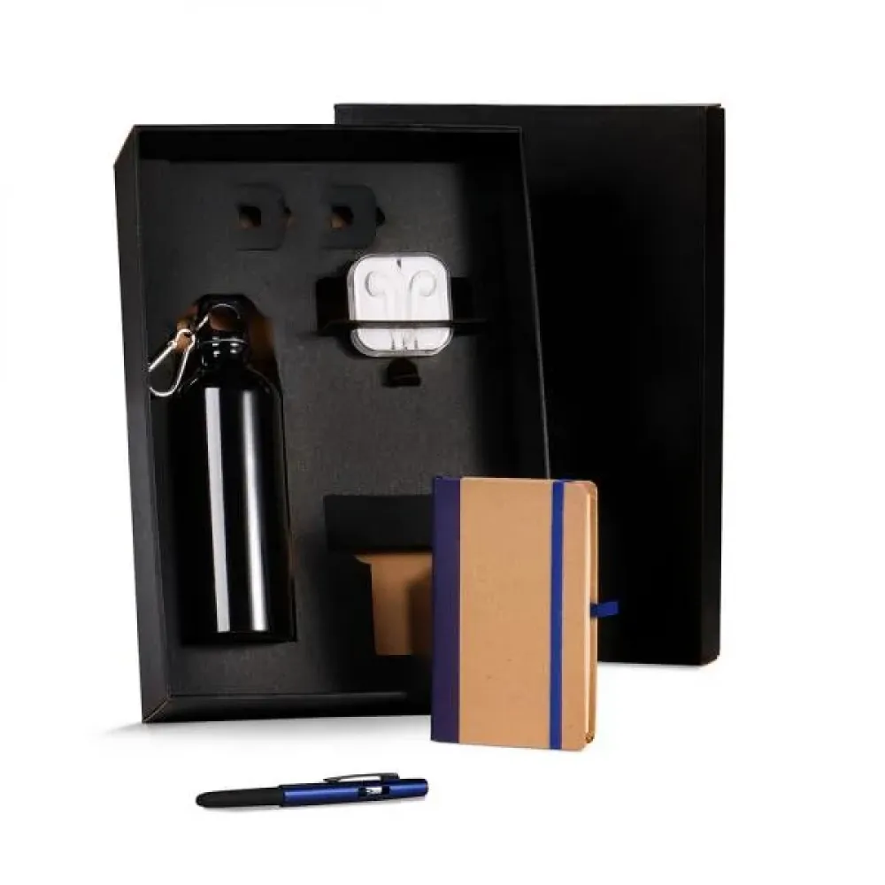KIT SQUEEZE, FONE, CADERNO E CANETA - AZUL - 4 PÇS