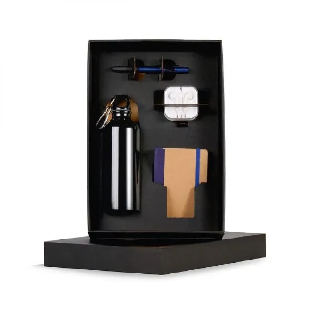 KIT SQUEEZE, FONE, CADERNO E CANETA - AZUL - 4 PÇS