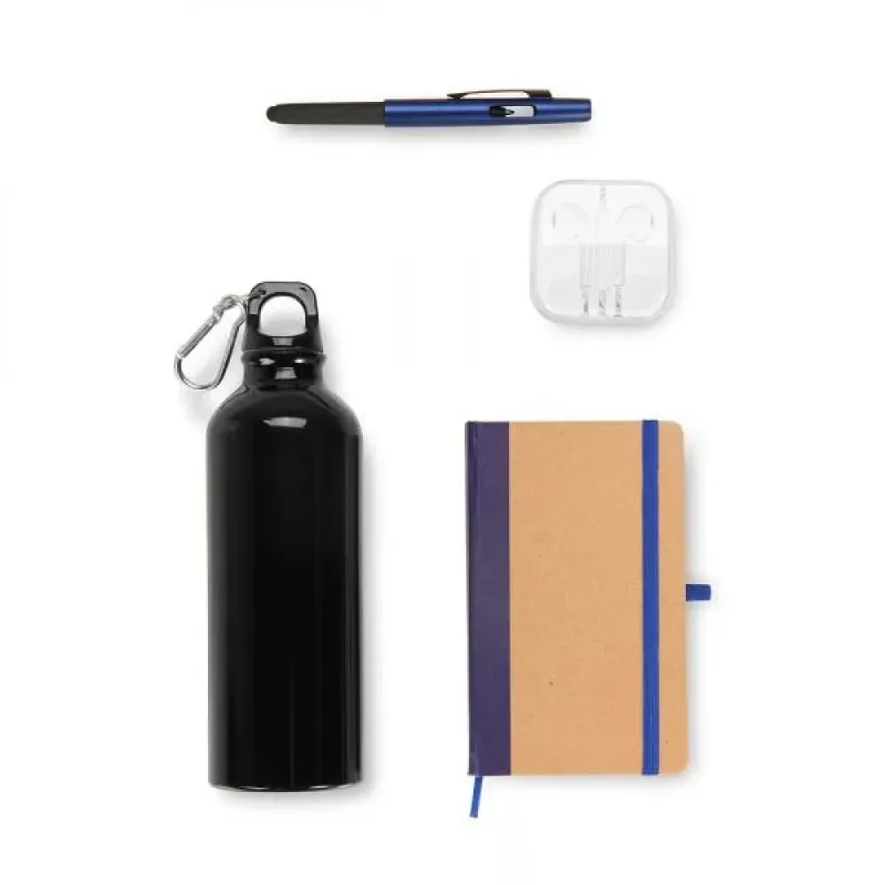 KIT SQUEEZE, FONE, CADERNO E CANETA - AZUL - 4 PÇS