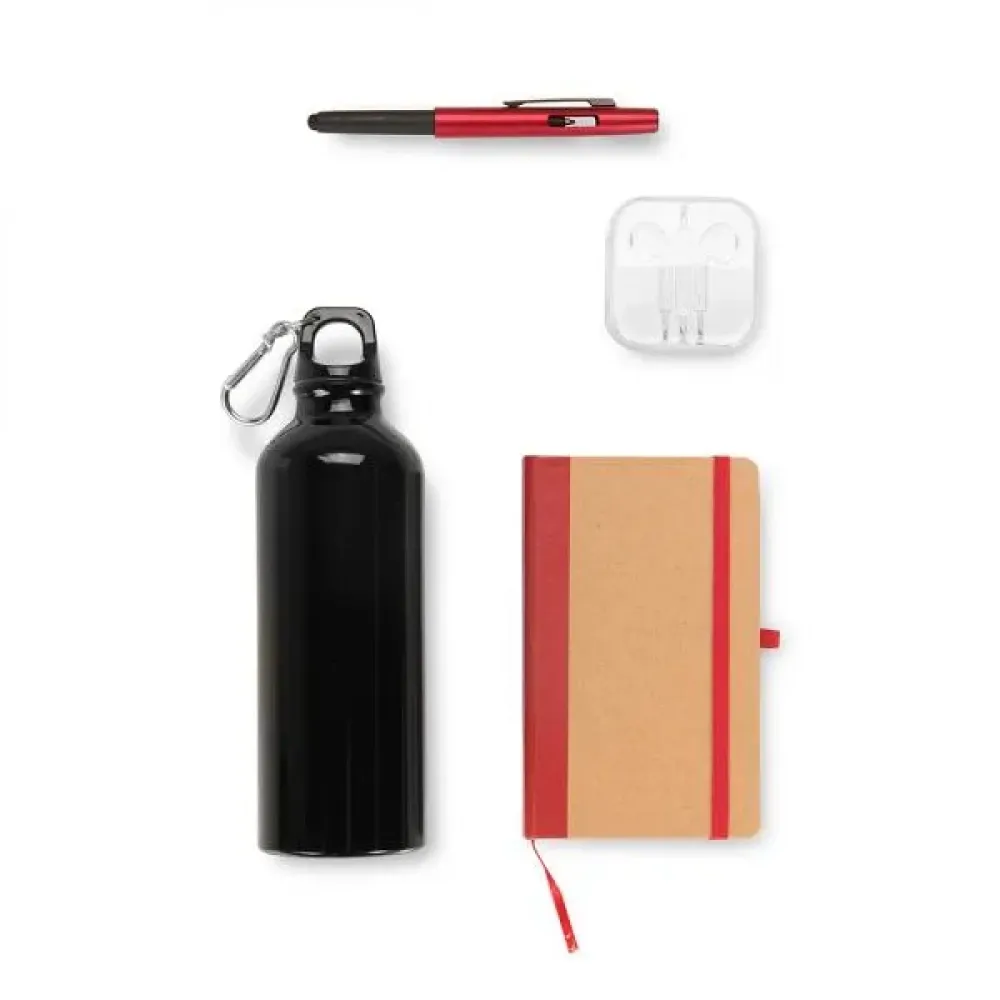 KIT SQUEEZE, FONE, CADERNO E CANETA - VERMELHO - 4 PÇS