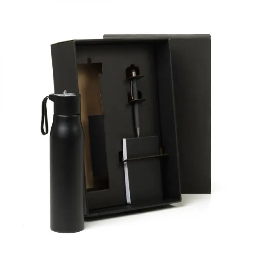 KIT GARRAFA, BLOCO PARA ANOTAÇÕES E CANETA - 3 PÇS