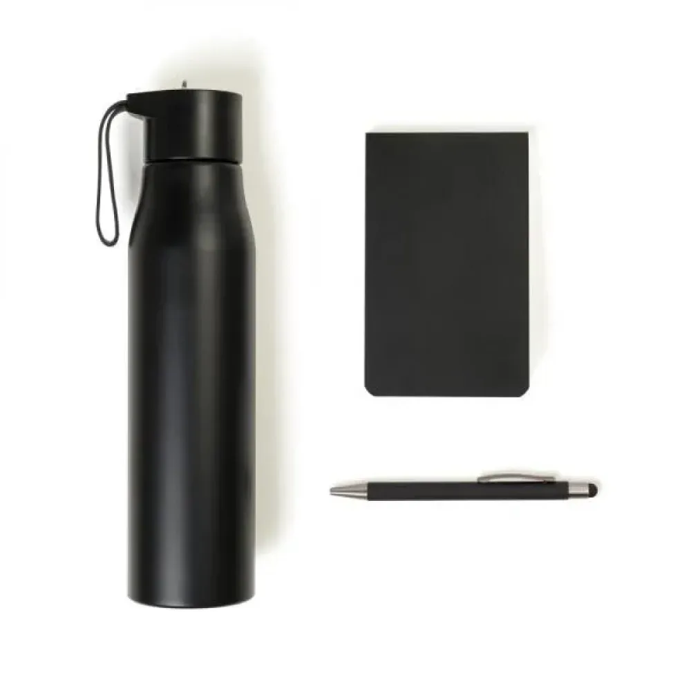 KIT GARRAFA, BLOCO PARA ANOTAÇÕES E CANETA - 3 PÇS