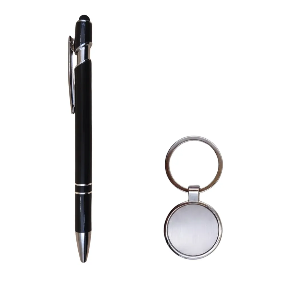 Kit Caneta Metal Esferografica com touch e Chaveiro Metal Redondo.