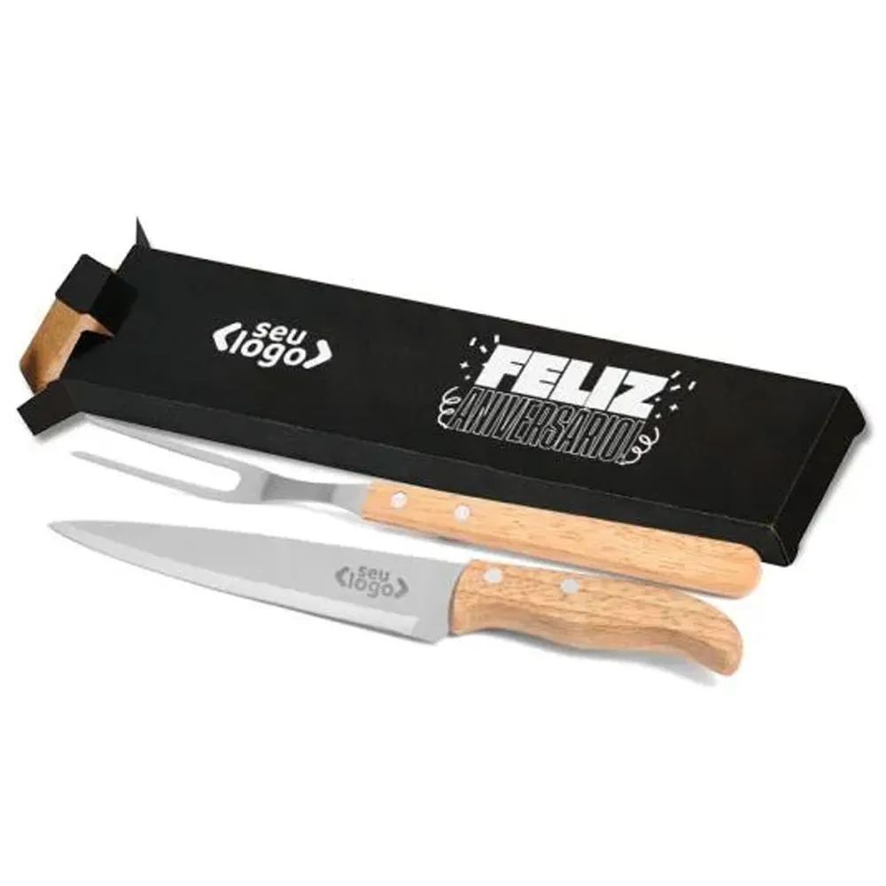 Kit Churrasco 2 Peças – Personalizado com Faca 7” e Garfo em Madeira/Inox-KF-90406